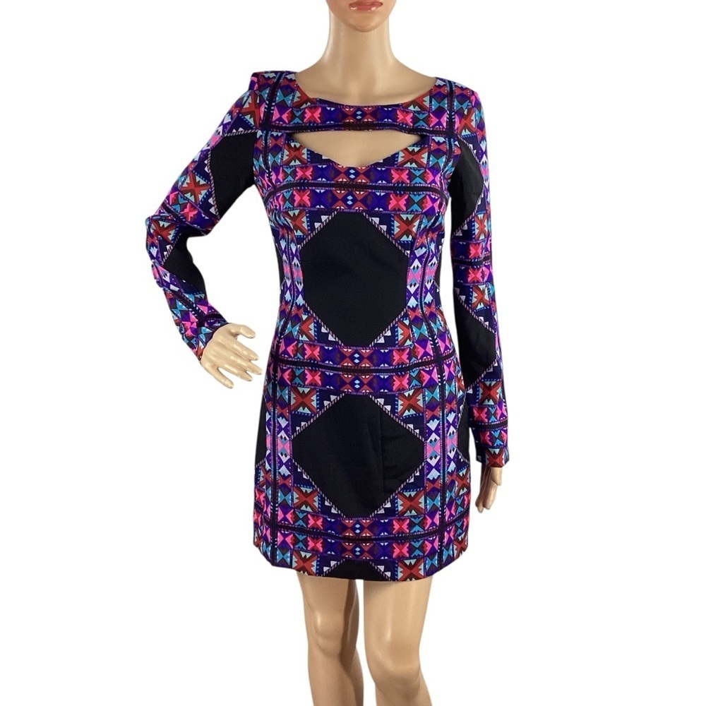Mara Hoffman Front Cutout Mini Dress Rider Print Black Purple Geo Size 2